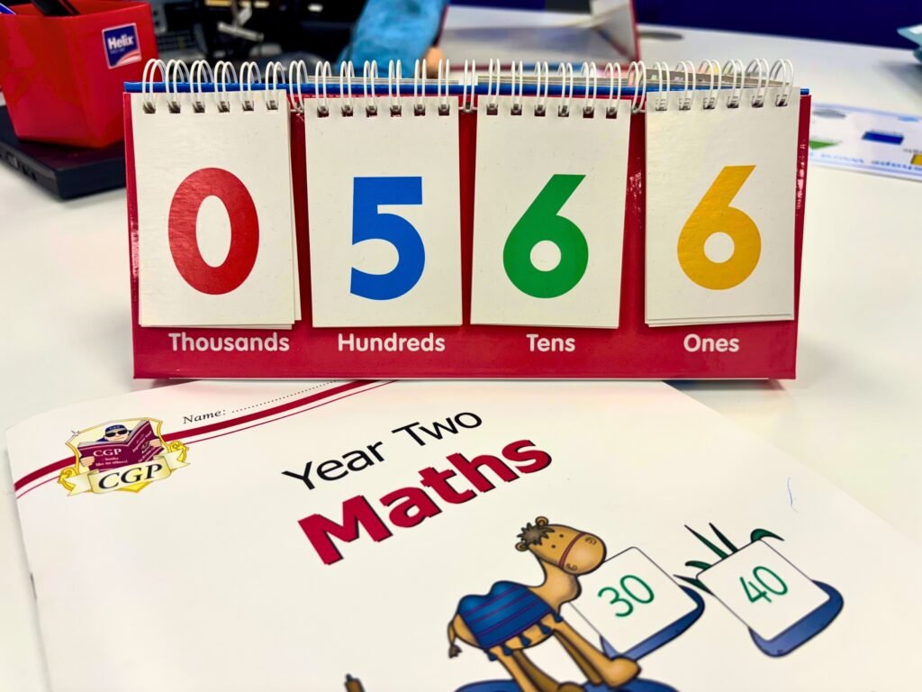 Learning materials for KS2 age. A flip chart with numbers and a Maths book.
